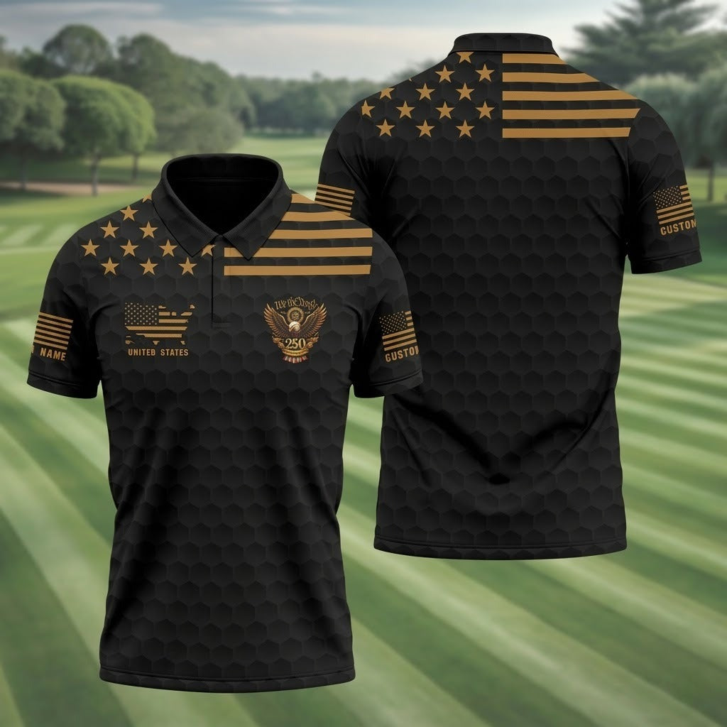 250th Anniversary We The People Patriotic Golf Shirt Men - 4th of July USA Flag Golf Polo, Black Honeycomb Design
