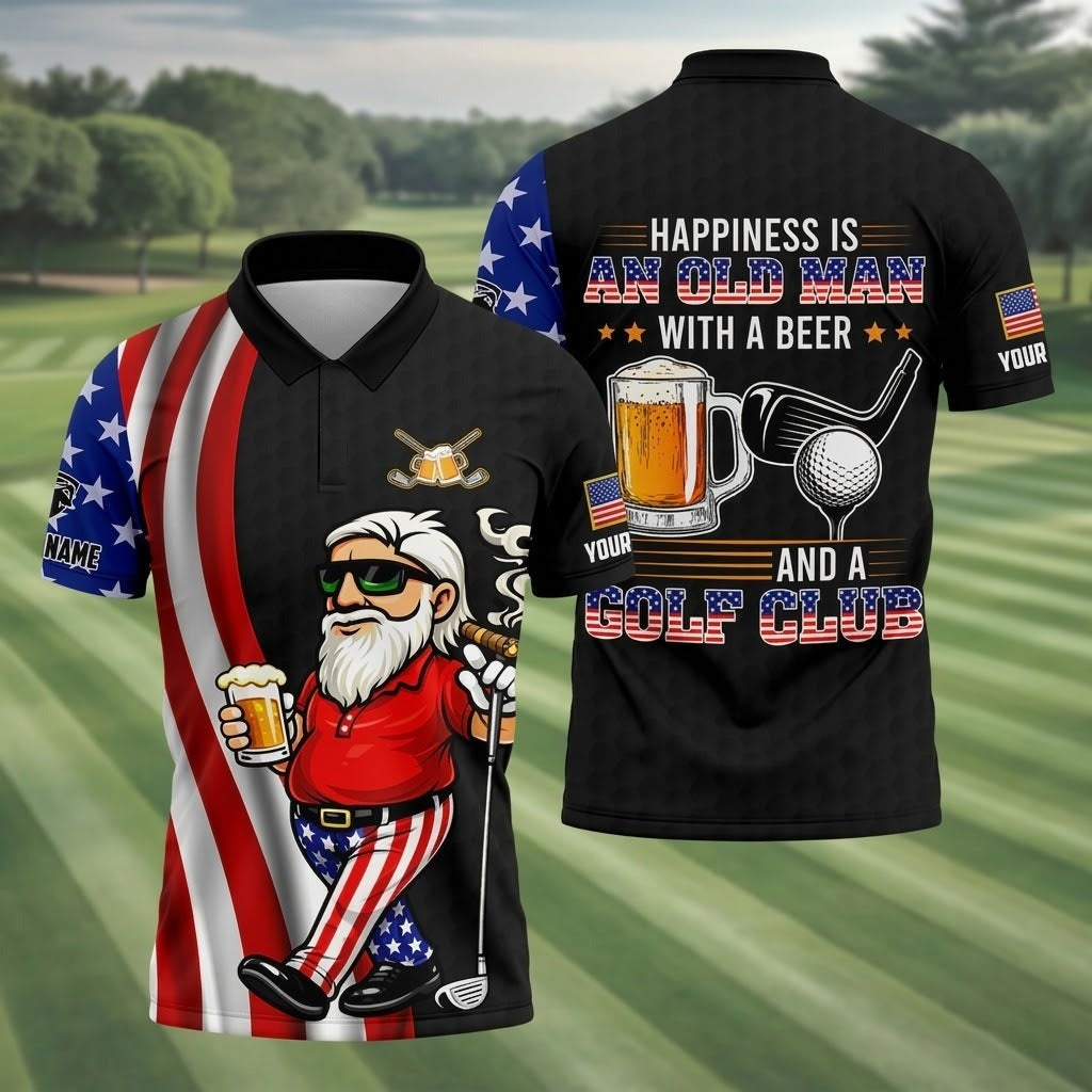 Funny Golf Gift for Men, Happiness Is an Old Man with a Beer USA Flag Polo Shirt250th Anniversary Golf Shirts For Men