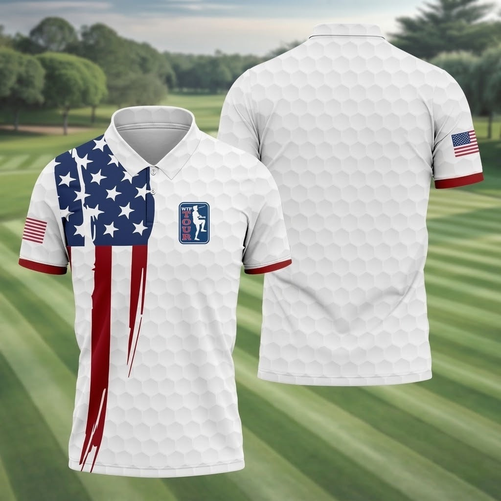 Golf Ball Pattern WTF Tour US Flag 4th Of July Patriotic Golf Shirt, 250th Anniversary Polo ShirtFor Men