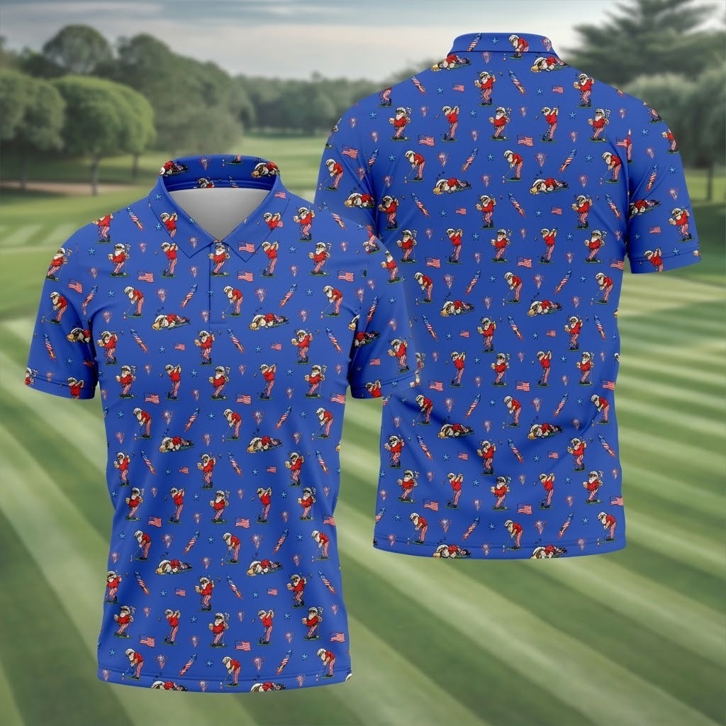 Funny Uncle Sam Golfing & Beer Blue Polo Shirttriotic 4th of July Men's Golf Shirt, 250th Anniversary All-Over Print