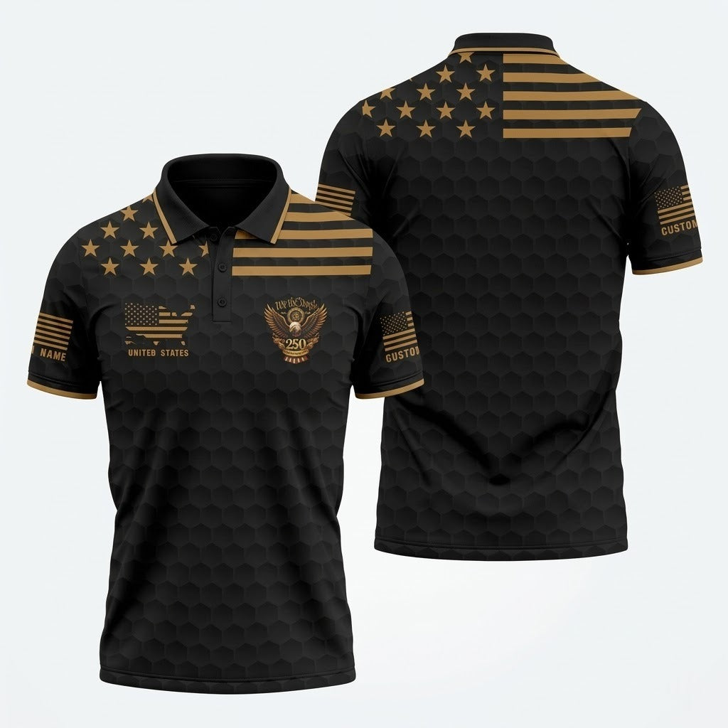250th Anniversary We The People Patriotic Golf Shirt Men - 4th of July USA Flag Golf Polo, Black Honeycomb Design