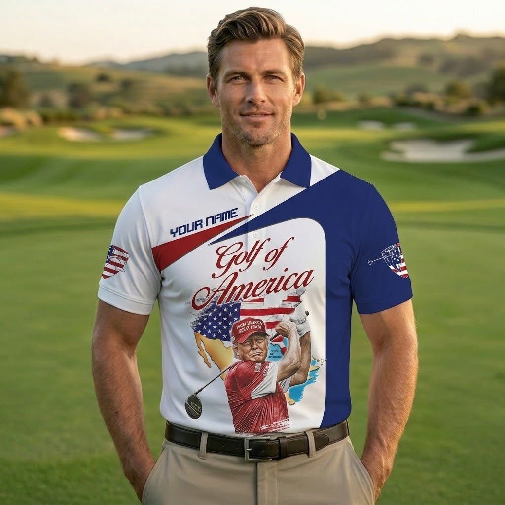 Custom Name Trump Golf of America Polo ShirtGA Make America Great Again Men's Golf Shirt, Patriotic Trump Golfing Apparel