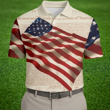 Patriotic American Flag Declaration Of Independence 4th Of July Beige Golf Shirt, 250th Anniversary Polo ShirtFor Men
