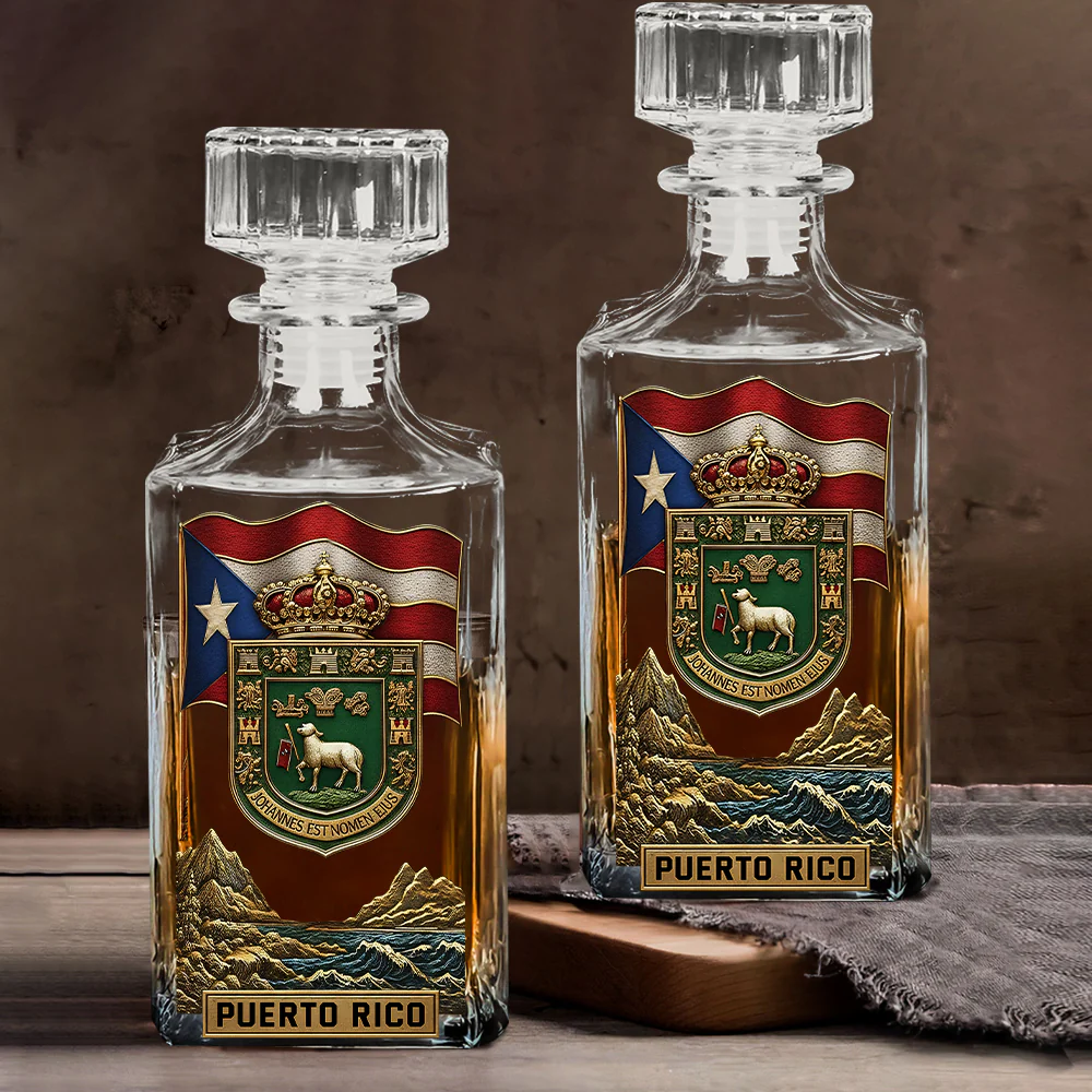 Puerto Rico Coat Of Arms Whiskey Decanter Set, Personalized Whiskey Glasses, Luxury Whiskey Glass, Man Cave Gift
