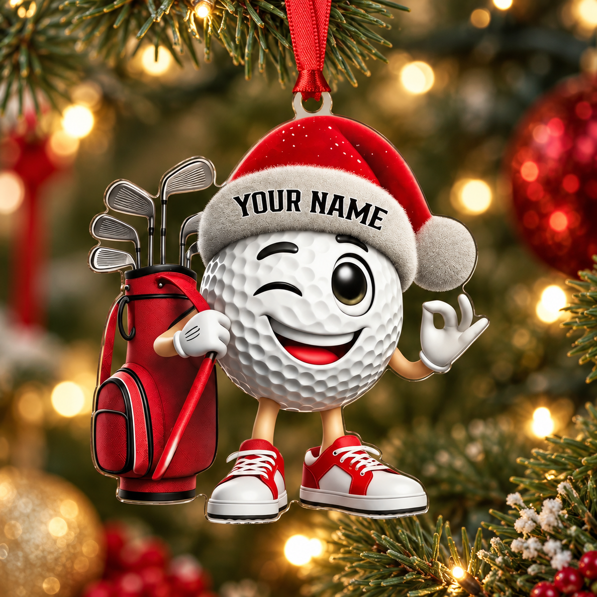 Custom Name Santa Golf Ball Acrylic Ornament, Christmas Ornaments, Golf Lover Gifts