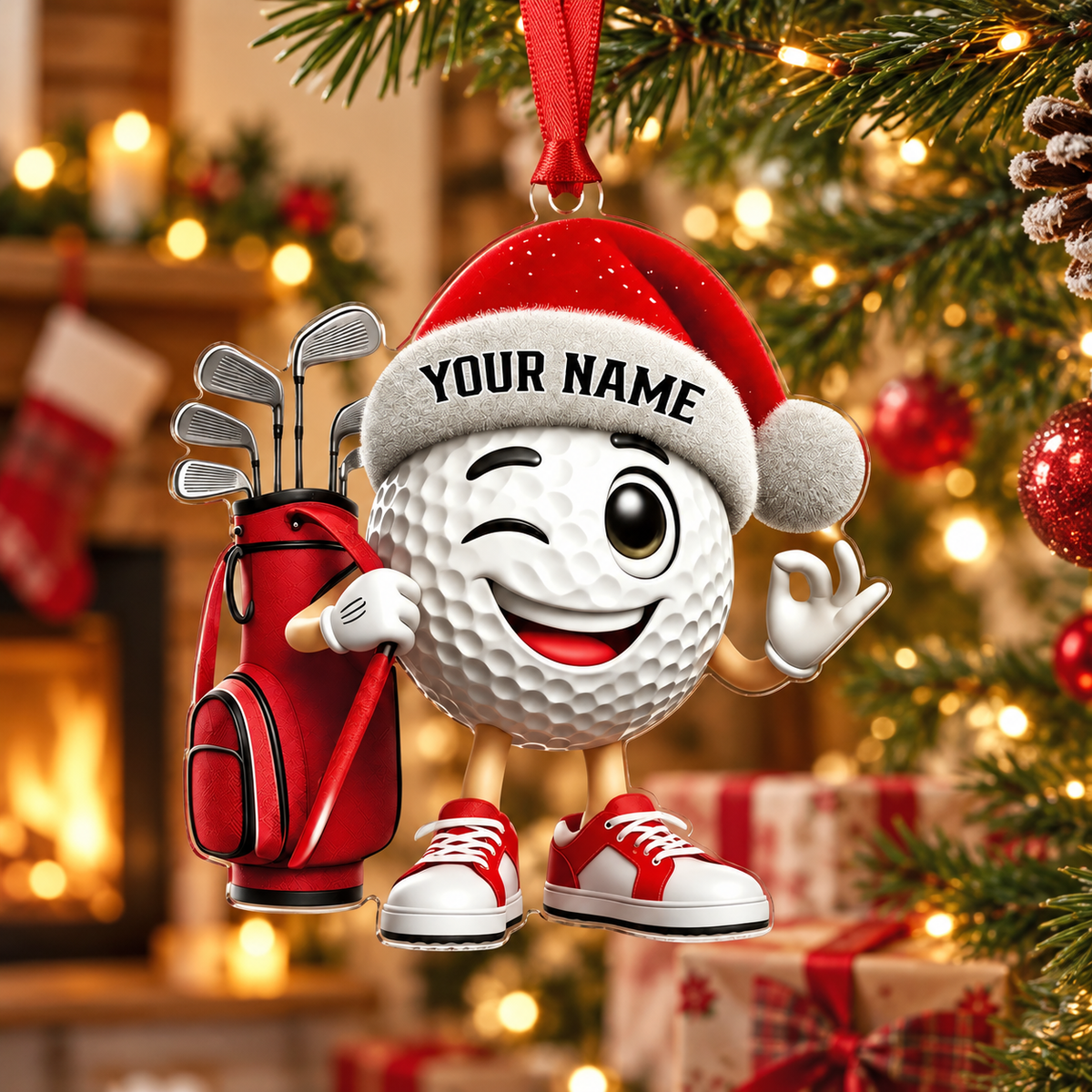 Custom Name Santa Golf Ball Acrylic Ornament, Christmas Ornaments, Golf Lover Gifts