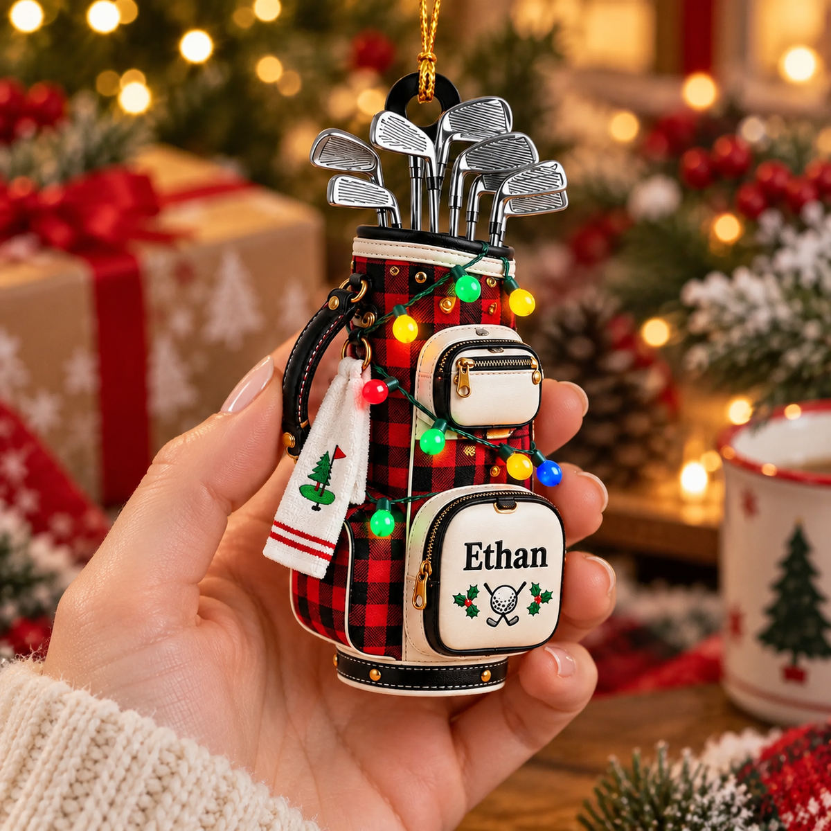 Custom Name Plaid Golf Bag Acrylic Ornament, Christmas Ornaments, Gifts For Golfers