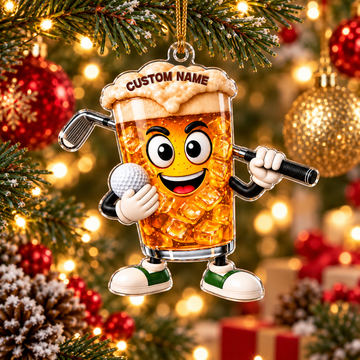 Custom Name Beer Glass Golf Acrylic Ornament, Gifts For Golfers, Christmas Tree Decor