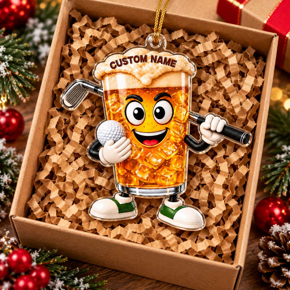 Custom Name Beer Glass Golf Acrylic Ornament, Gifts For Golfers, Christmas Tree Decor
