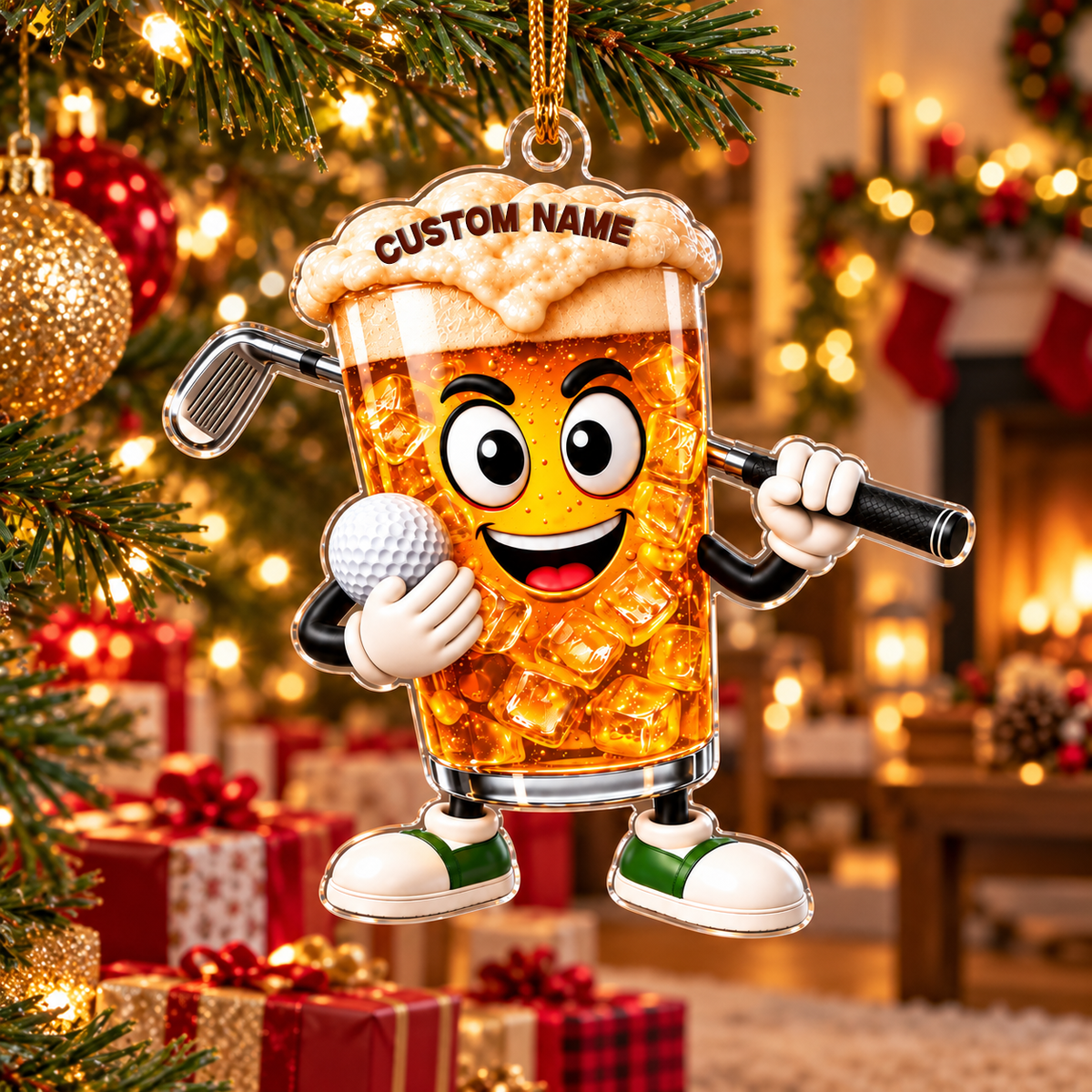 Custom Name Beer Glass Golf Acrylic Ornament, Gifts For Golfers, Christmas Tree Decor
