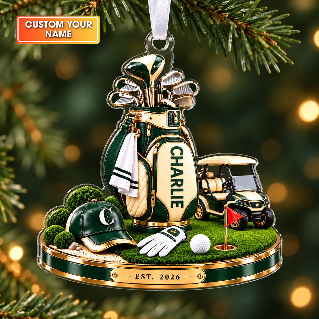 Custom Name Golf Bag And Cart Acrylic Ornament, Christmas Ornaments, Golf Lover Gifts