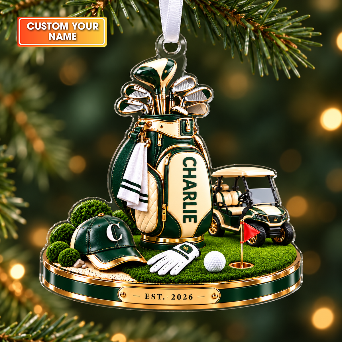 Custom Name Golf Bag And Cart Acrylic Ornament, Christmas Ornaments, Golf Lover Gifts