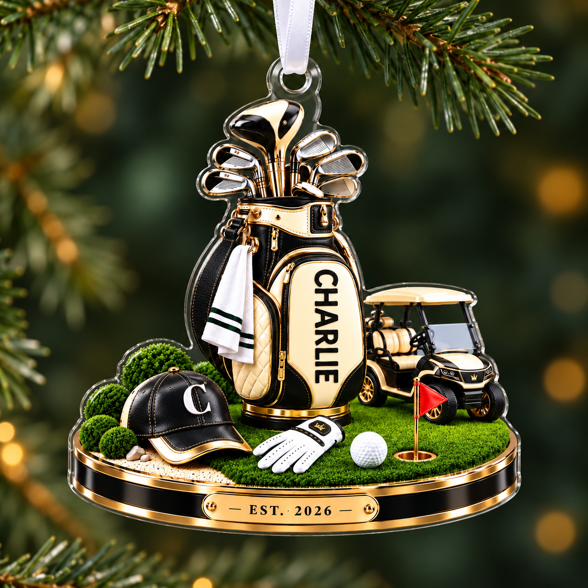 Custom Name Golf Bag And Cart Acrylic Ornament, Christmas Ornaments, Golf Lover Gifts