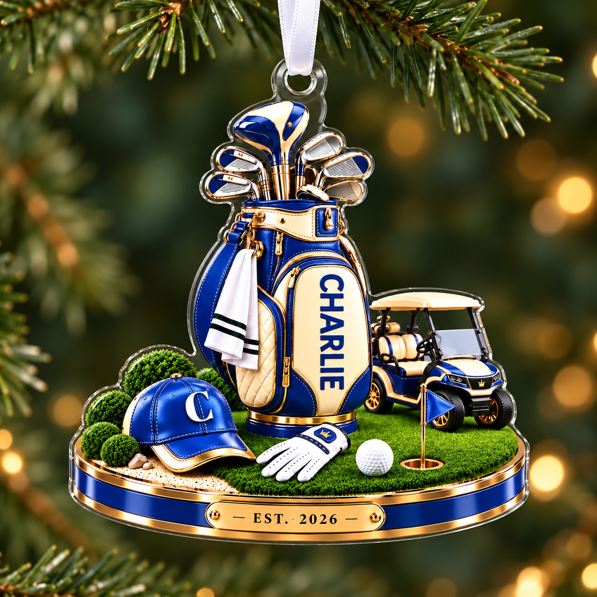 Custom Name Golf Bag And Cart Acrylic Ornament, Christmas Ornaments, Golf Lover Gifts