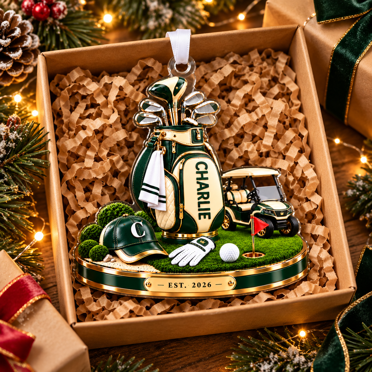 Custom Name Golf Bag And Cart Acrylic Ornament, Christmas Ornaments, Golf Lover Gifts