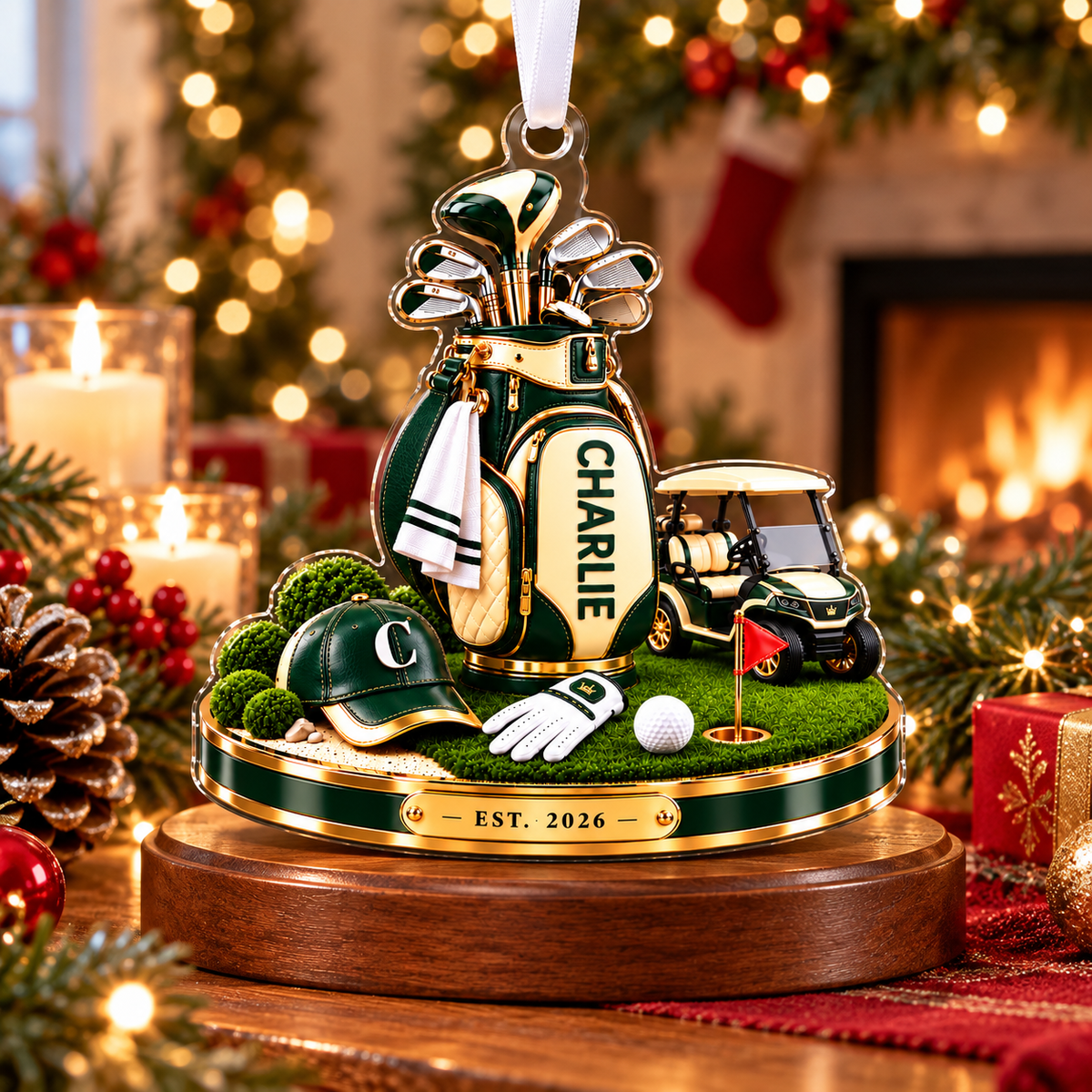 Custom Name Golf Bag And Cart Acrylic Ornament, Christmas Ornaments, Golf Lover Gifts