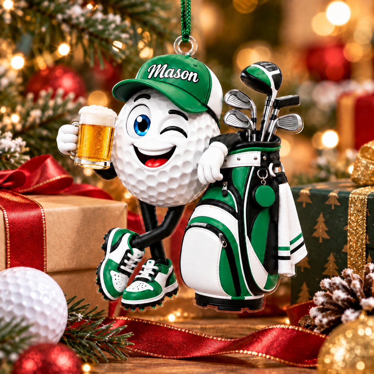 Custom Name Beer Golf Ball Acrylic Ornament, Golf Lover Gifts, Christmas Tree Decor