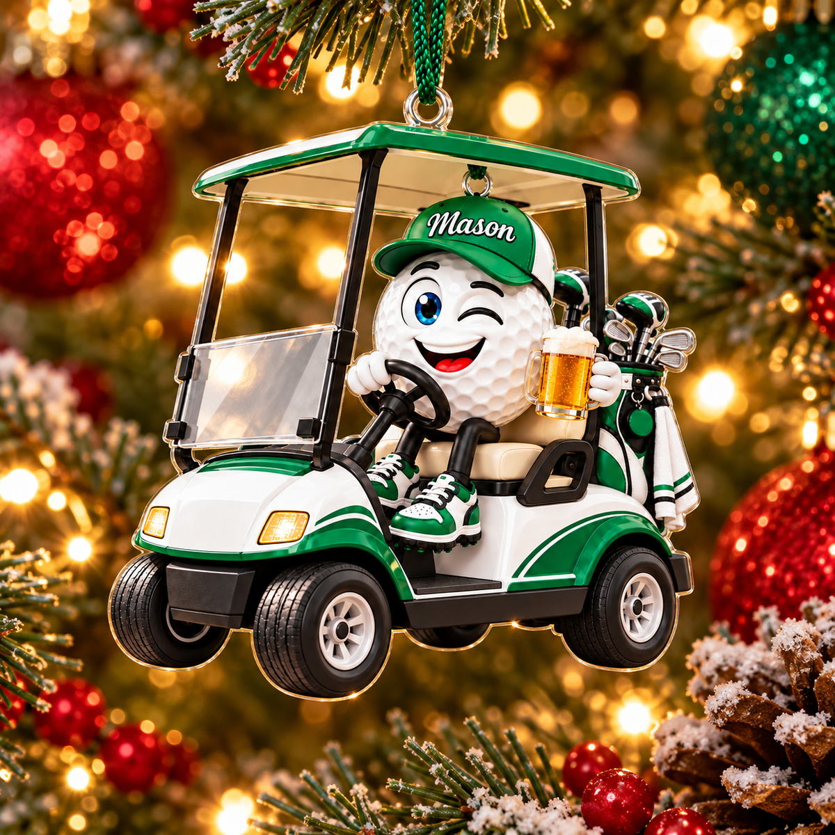 Custom Name Golf Ball Beer Cart Acrylic Ornament, Personalized Golf Gifts, Xmas Ornaments