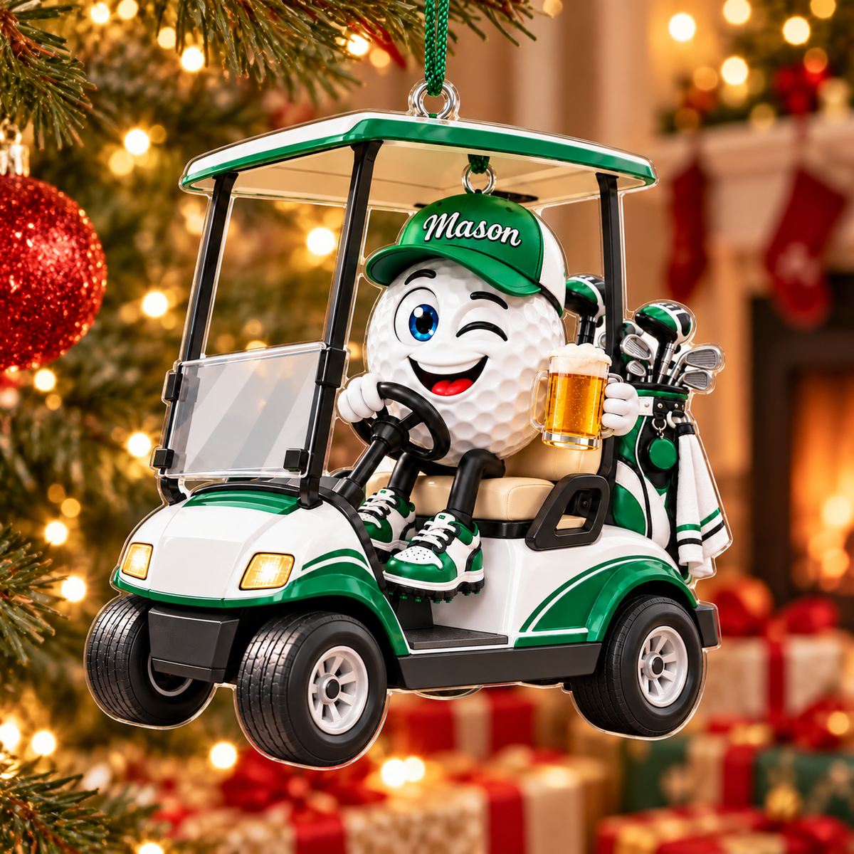 Custom Name Golf Ball Beer Cart Acrylic Ornament, Personalized Golf Gifts, Xmas Ornaments