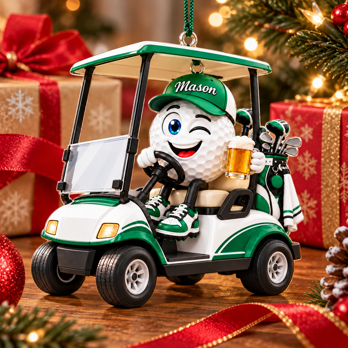 Custom Name Golf Ball Beer Cart Acrylic Ornament, Personalized Golf Gifts, Xmas Ornaments