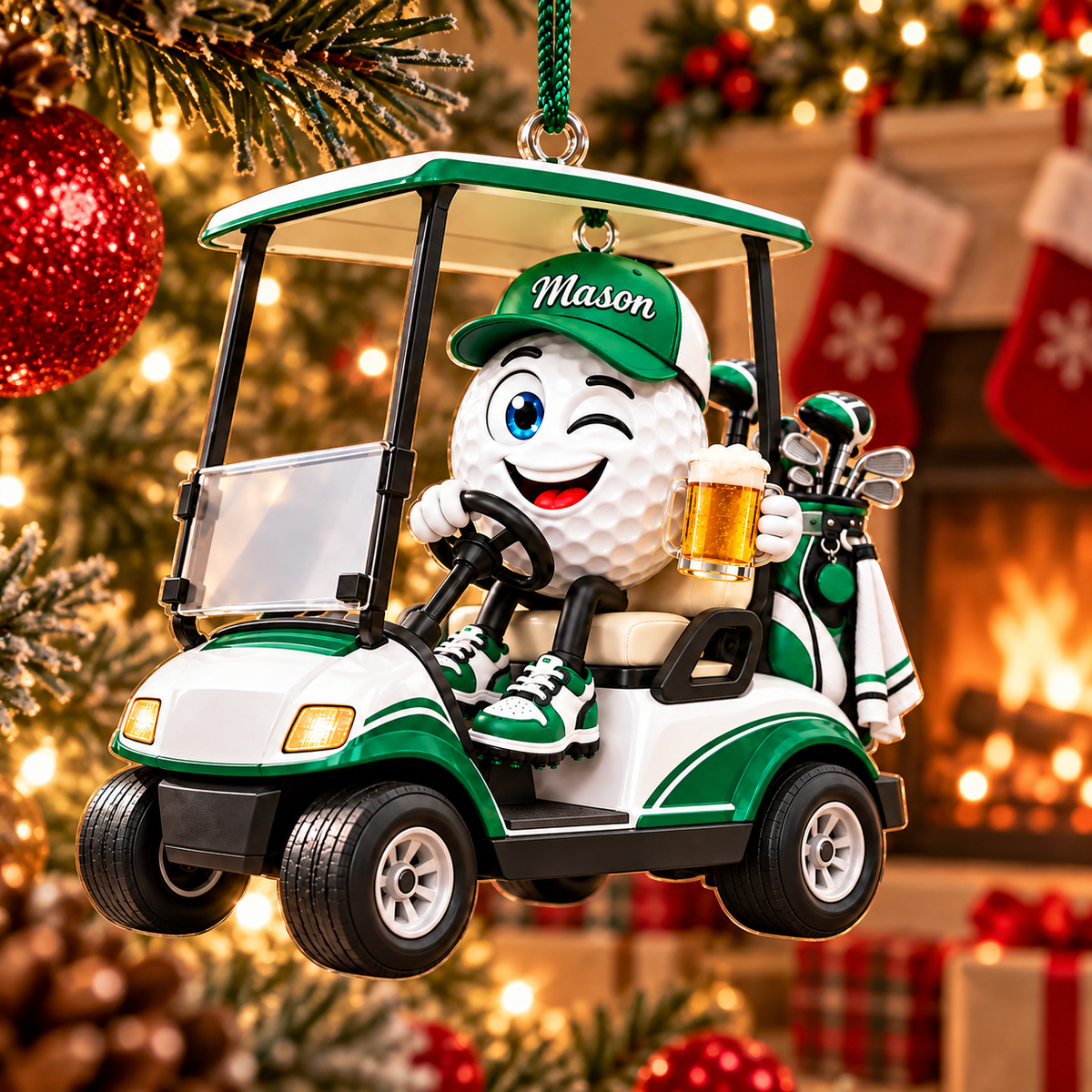 Custom Name Golf Ball Beer Cart Acrylic Ornament, Personalized Golf Gifts, Xmas Ornaments