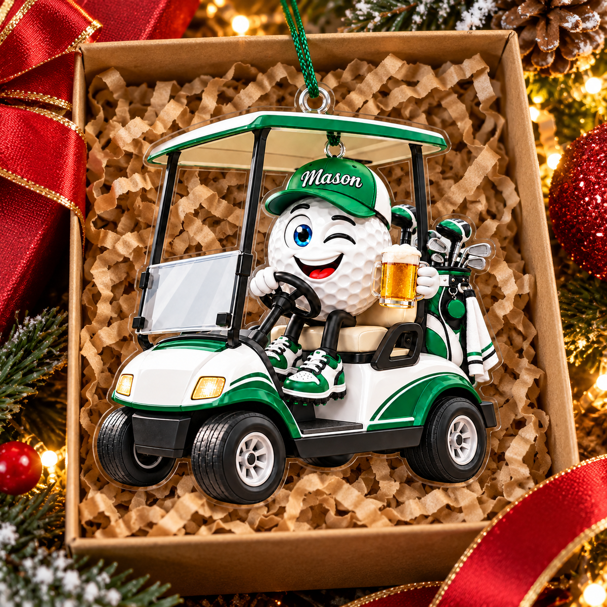 Custom Name Golf Ball Beer Cart Acrylic Ornament, Personalized Golf Gifts, Xmas Ornaments