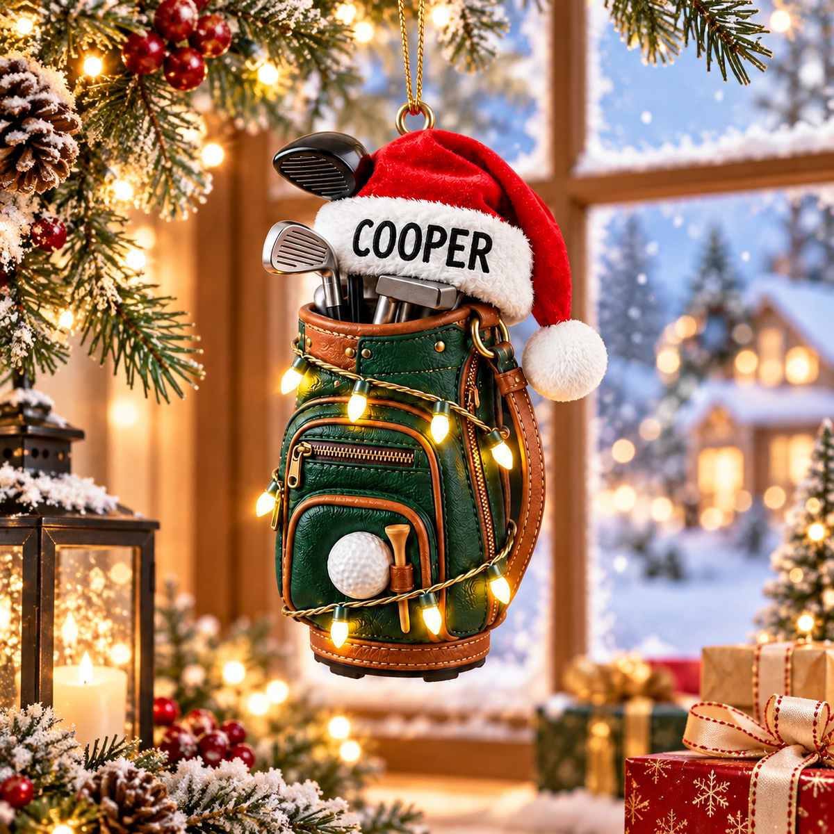 Custom Name Santa Hat Golf Bag Acrylic Ornament, Golf Christmas Gifts, Golf Ornaments