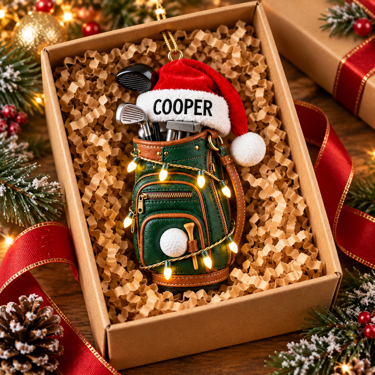 Custom Name Santa Hat Golf Bag Acrylic Ornament, Golf Christmas Gifts, Golf Ornaments