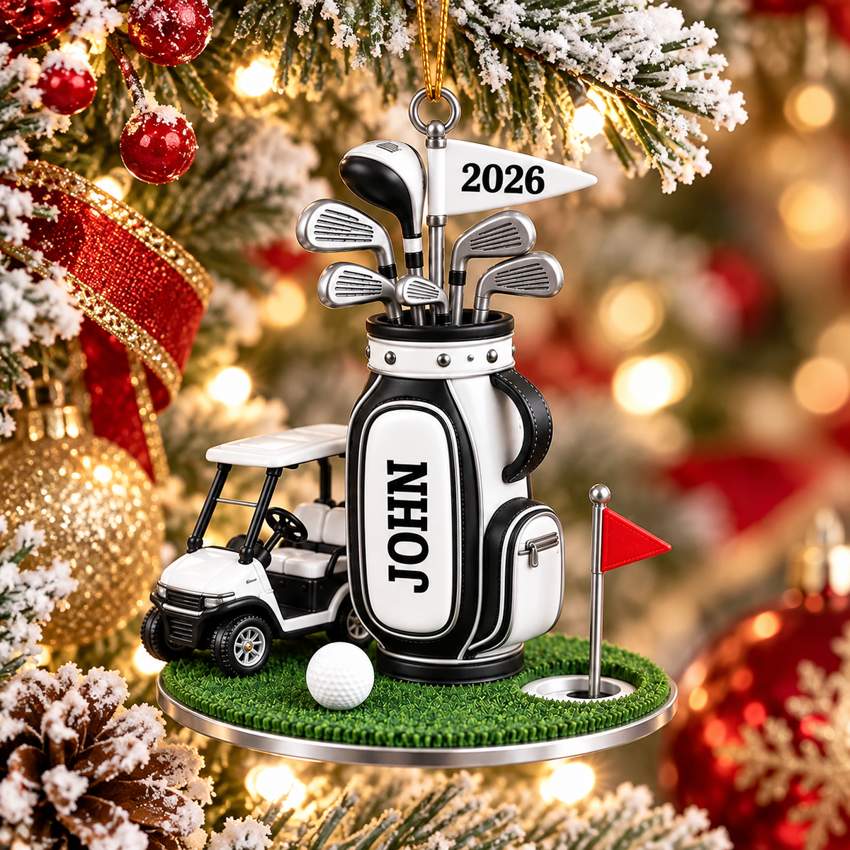 Custom Name Golf Bag And Cart Acrylic Ornament, Golf Lover Gifts, Christmas Tree Decor