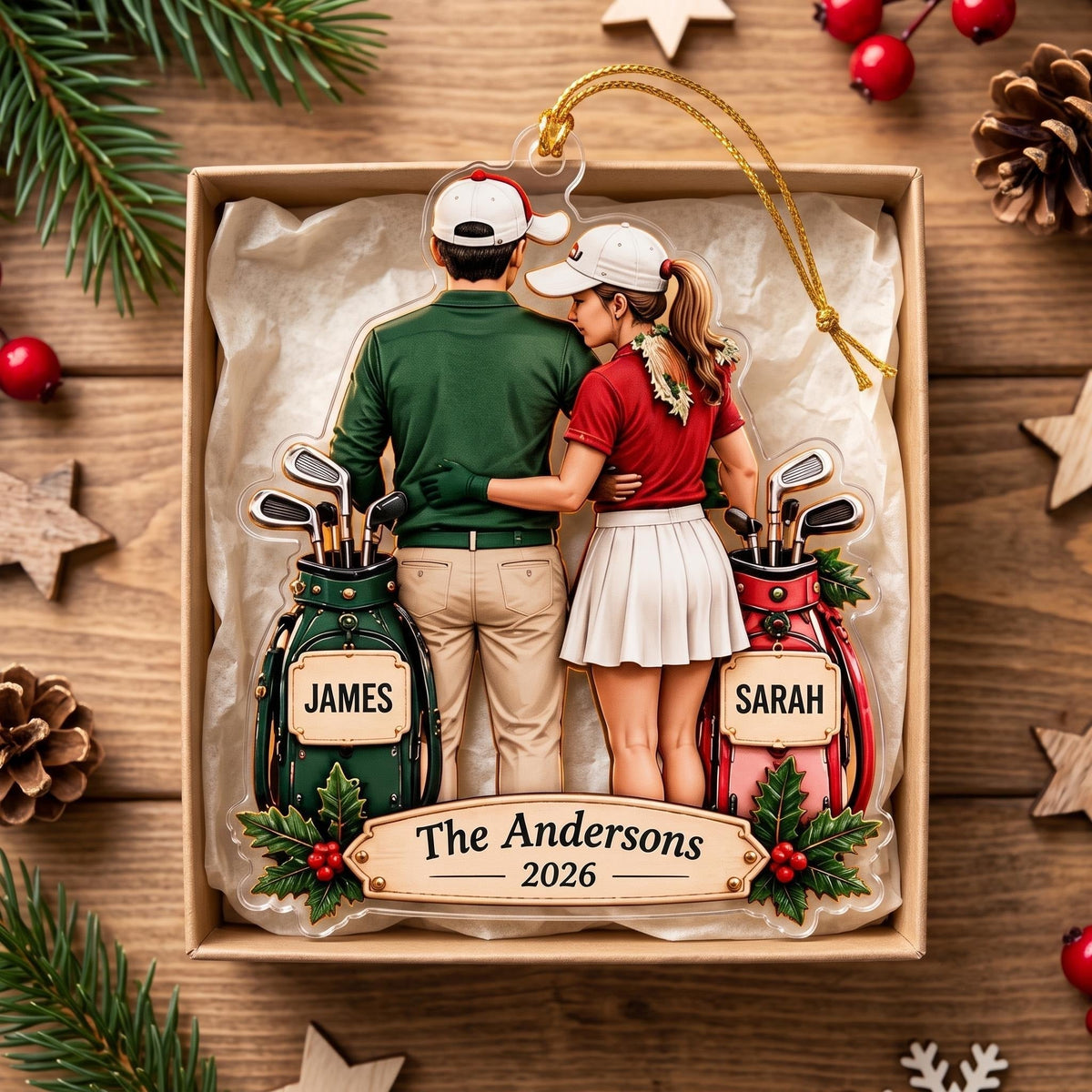 Custom Golf Couple Acrylic Ornament, Christmas Decorations, Gifts For Couples