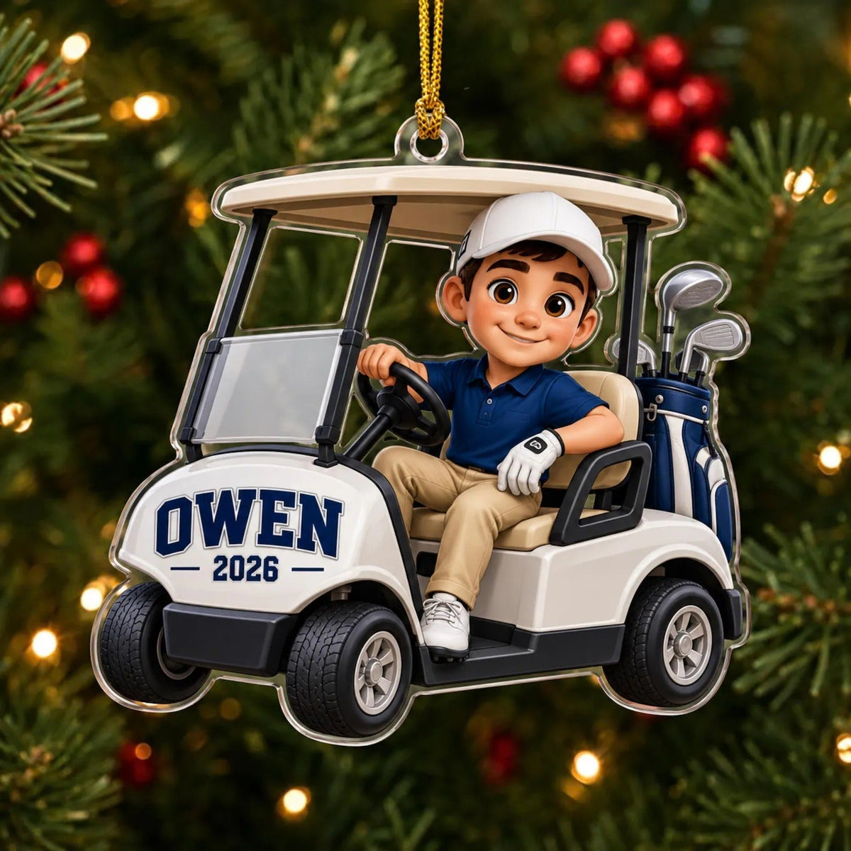 Custom Golf Cart Boy Acrylic Ornament, Holiday Decorations, Gifts For Son