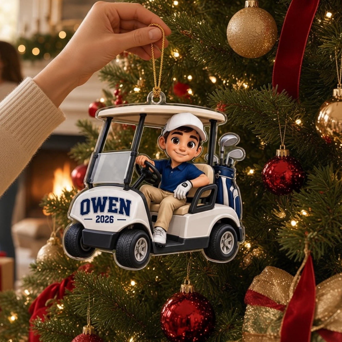 Custom Golf Cart Boy Acrylic Ornament, Holiday Decorations, Gifts For Son