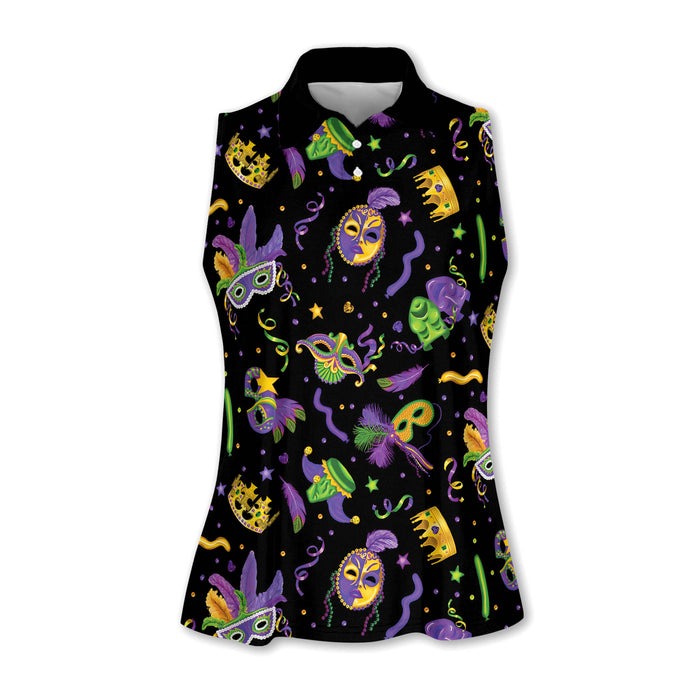 Mardi Gras Golf Sleeveless Polo ShirtWomens, Mardi Gras Black Golf Shirt, Ladies Golf Shirt