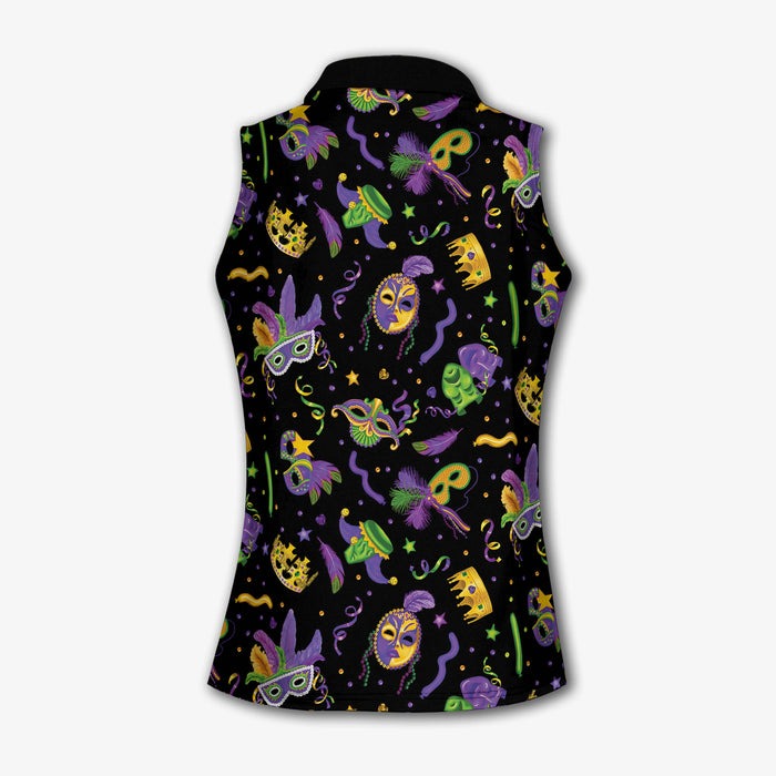 Mardi Gras Golf Sleeveless Polo ShirtWomens, Mardi Gras Black Golf Shirt, Ladies Golf Shirt