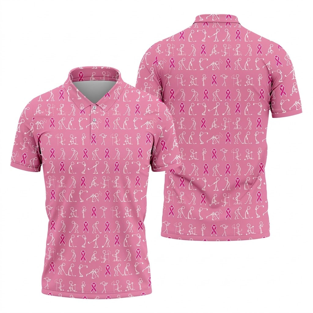 Funny Stick Figure Men's Golf Shirt, Breast Cancer Awareness Shirt, Pink Golf Shirt, Golf Shirts For Men