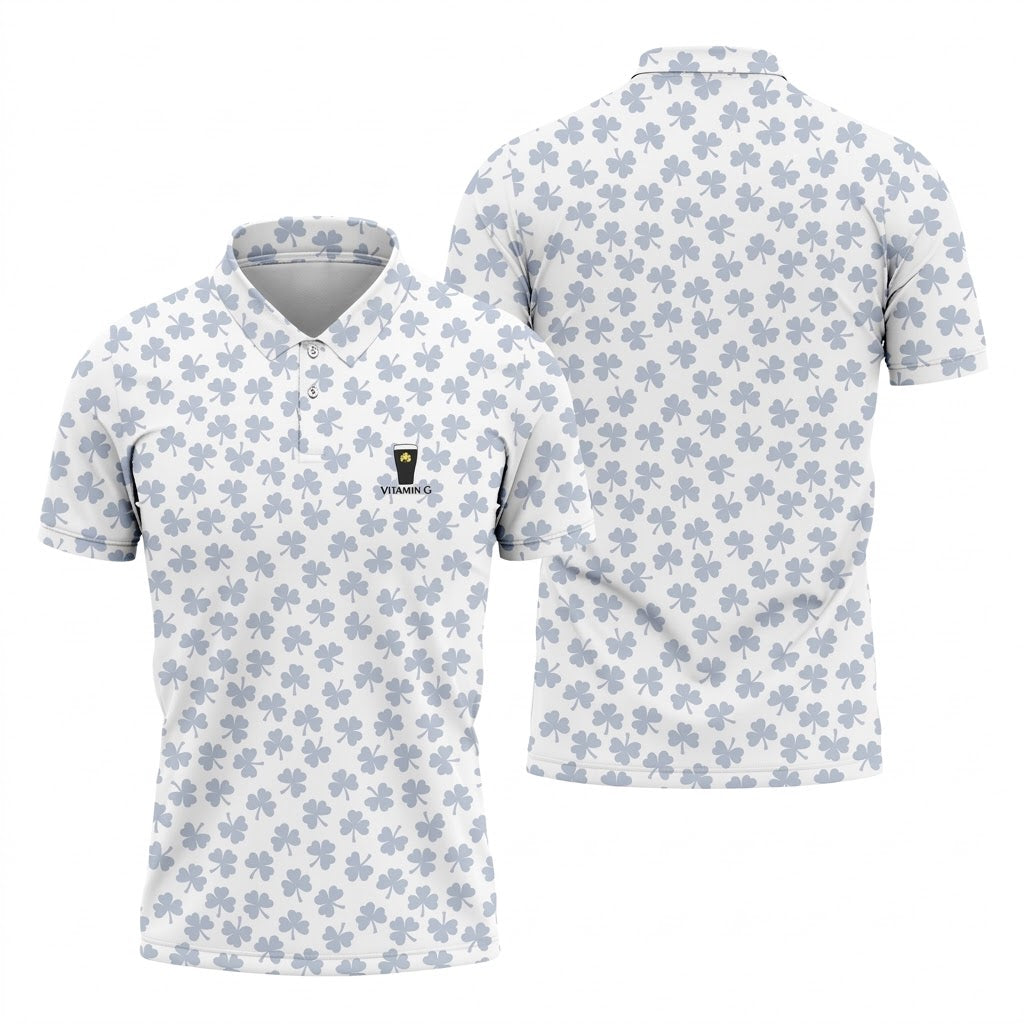 Vitamin G Shamrock Pattern Golf And Beer White Golf Shirt, St Patrick's Day Golf Shirt, Polo ShirtFor Men