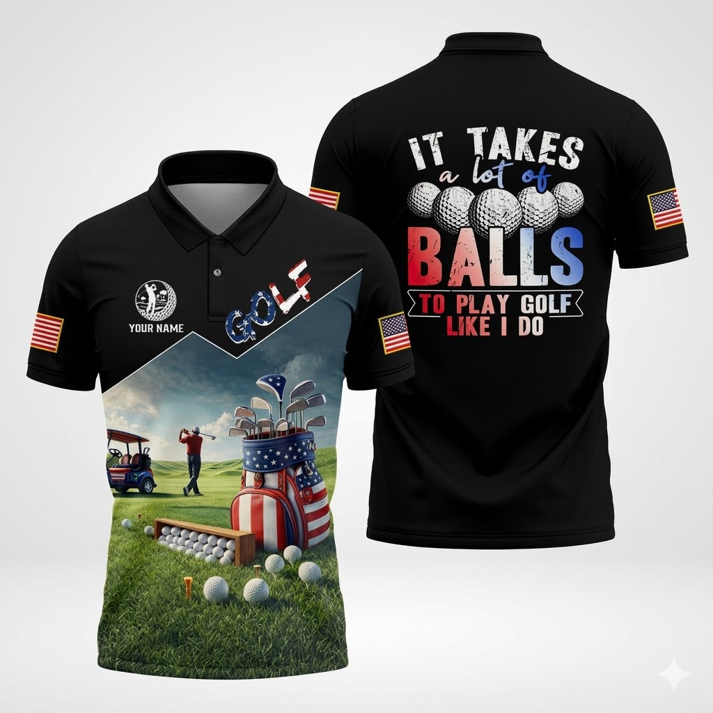 It Takes A Lot Of Balls Patriotic Golf Tops For Men, Funny Golf Shirt, US 250th Anniversary Polo ShirtFor Men