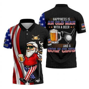 Funny Golf Gift for Men, Happiness Is an Old Man with a Beer USA Flag Polo Shirt250th Anniversary Golf Shirts For Men