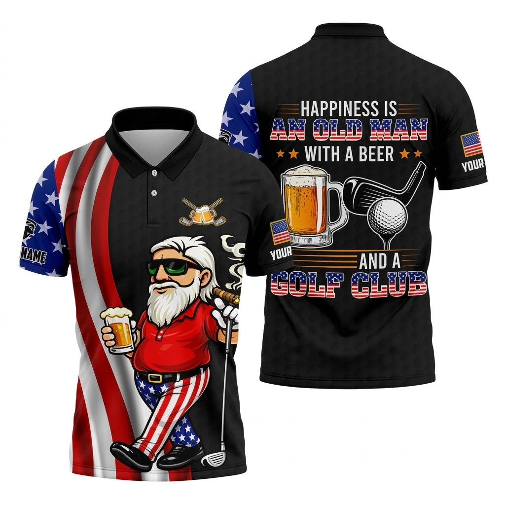 Funny Golf Gift for Men, Happiness Is an Old Man with a Beer USA Flag Polo Shirt, 250th Anniversary Golf Shirts For Men