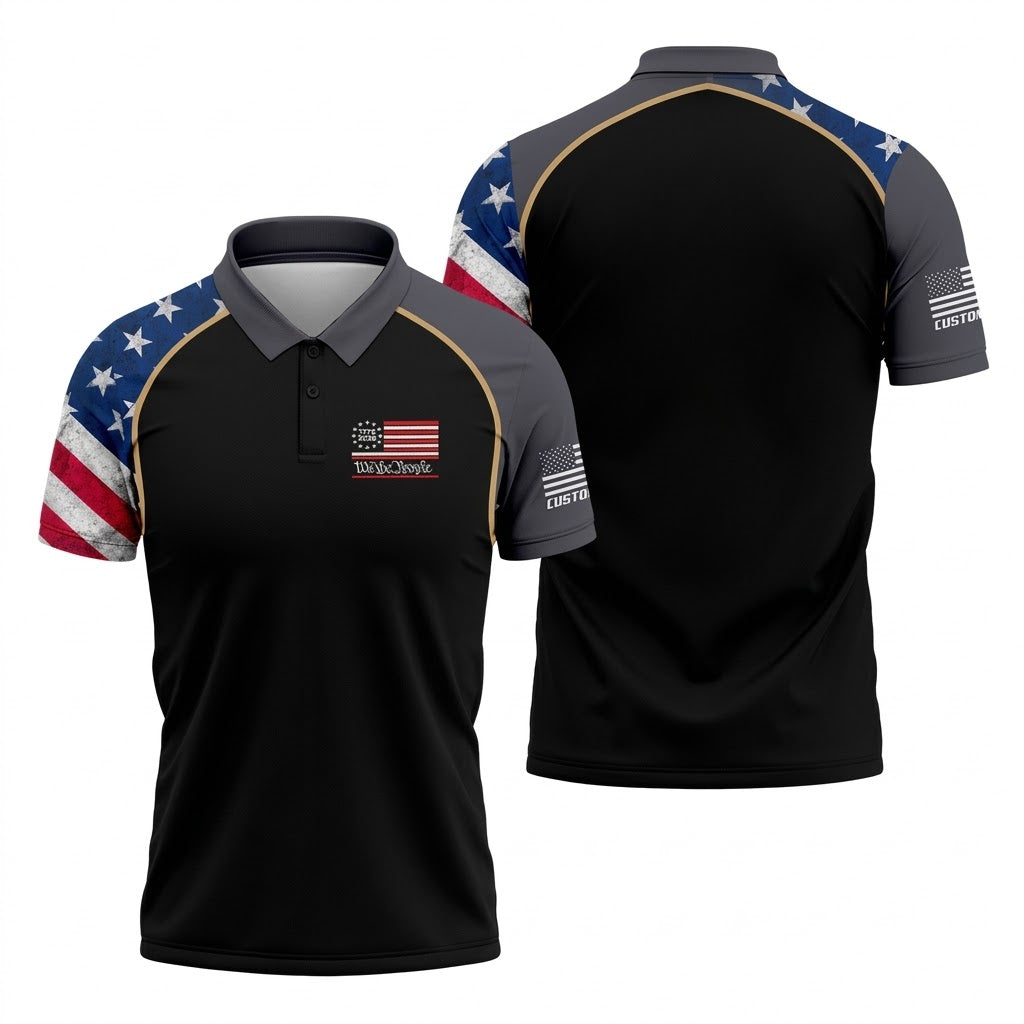 Custom Name We The People Golf Polo - Black & Gold Patriotic Men's Shirt, 250th Anniversary 1776-2026 Golfing Top