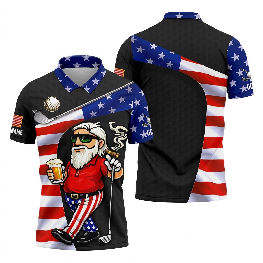 Golf And Beer Patriotic Man Golf Ball Pattern 4th Of July Black Golf Shirt, 250th Anniversary Golf Shirts For Me