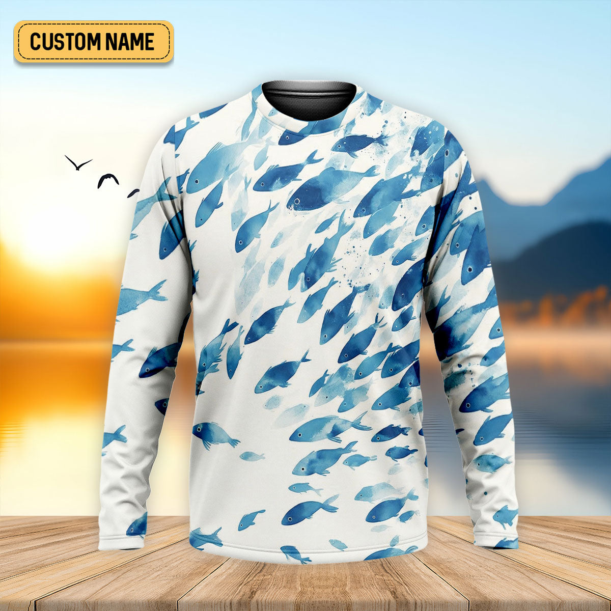 Flowing Fish White And Blue Fishing UPF Shirts, Minimal Watercolor Fishing Shirts For Men