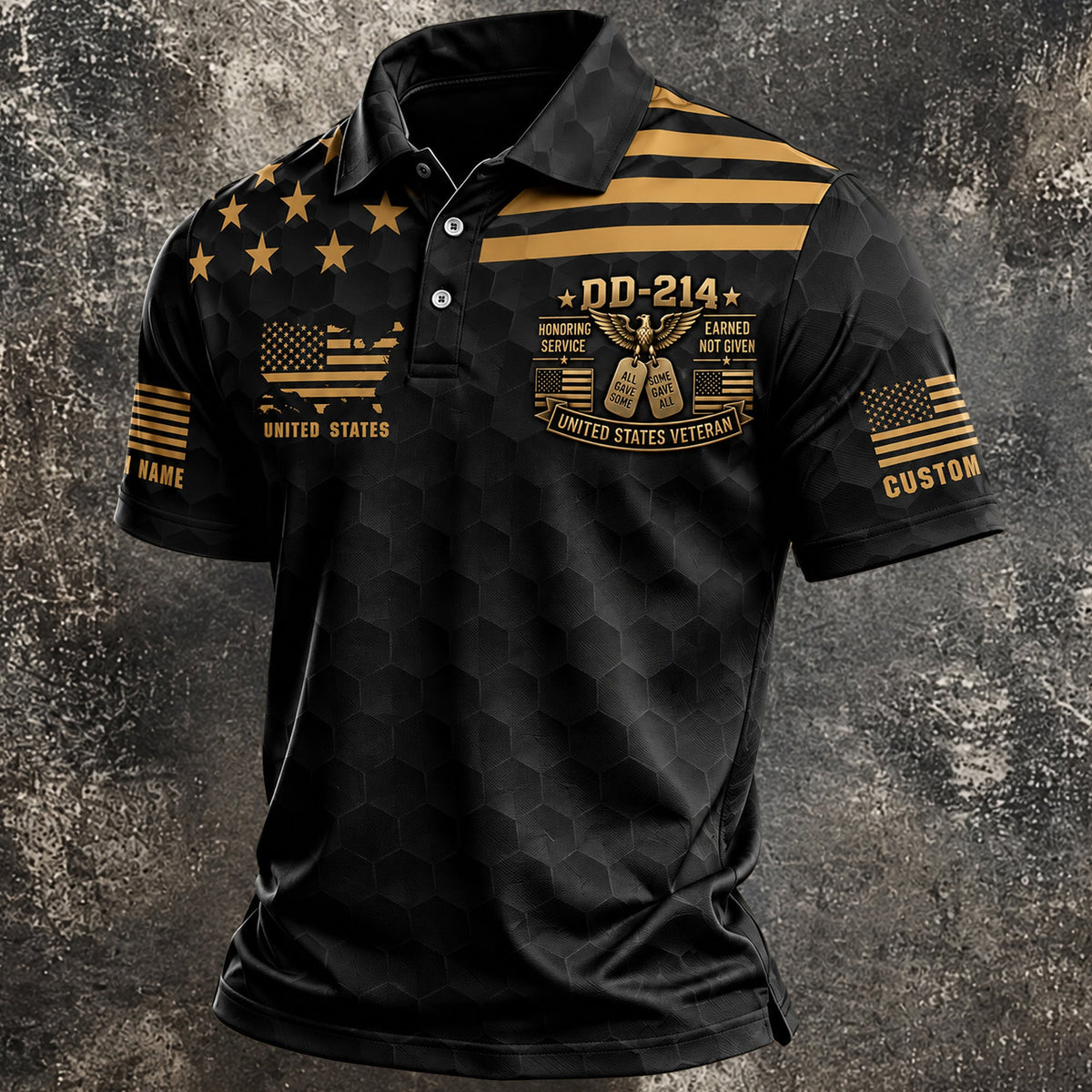 Custom Name Black Gold DD-214 Golf Polo Shirt, Veterans Day Shirt, Mens Golf Shirts