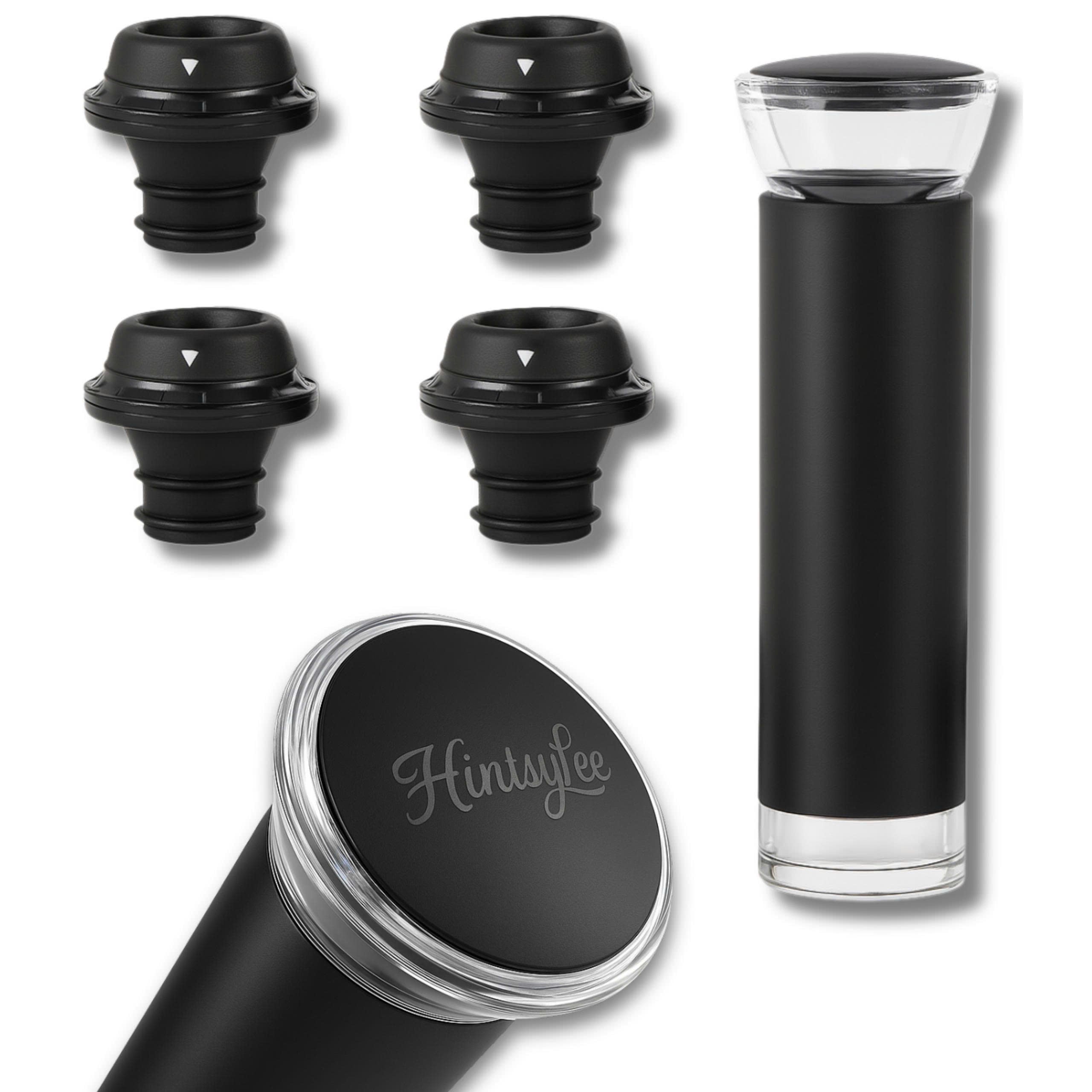 Wine Vacuum Pump & 4 Reusable Stoppers – Airtight Wine Preserver Set Keeps Wine Fresh Up to 15 Days – Manual Wine Saver Bottle Sealer Kit & Gift for Wine Lovers (Black)
