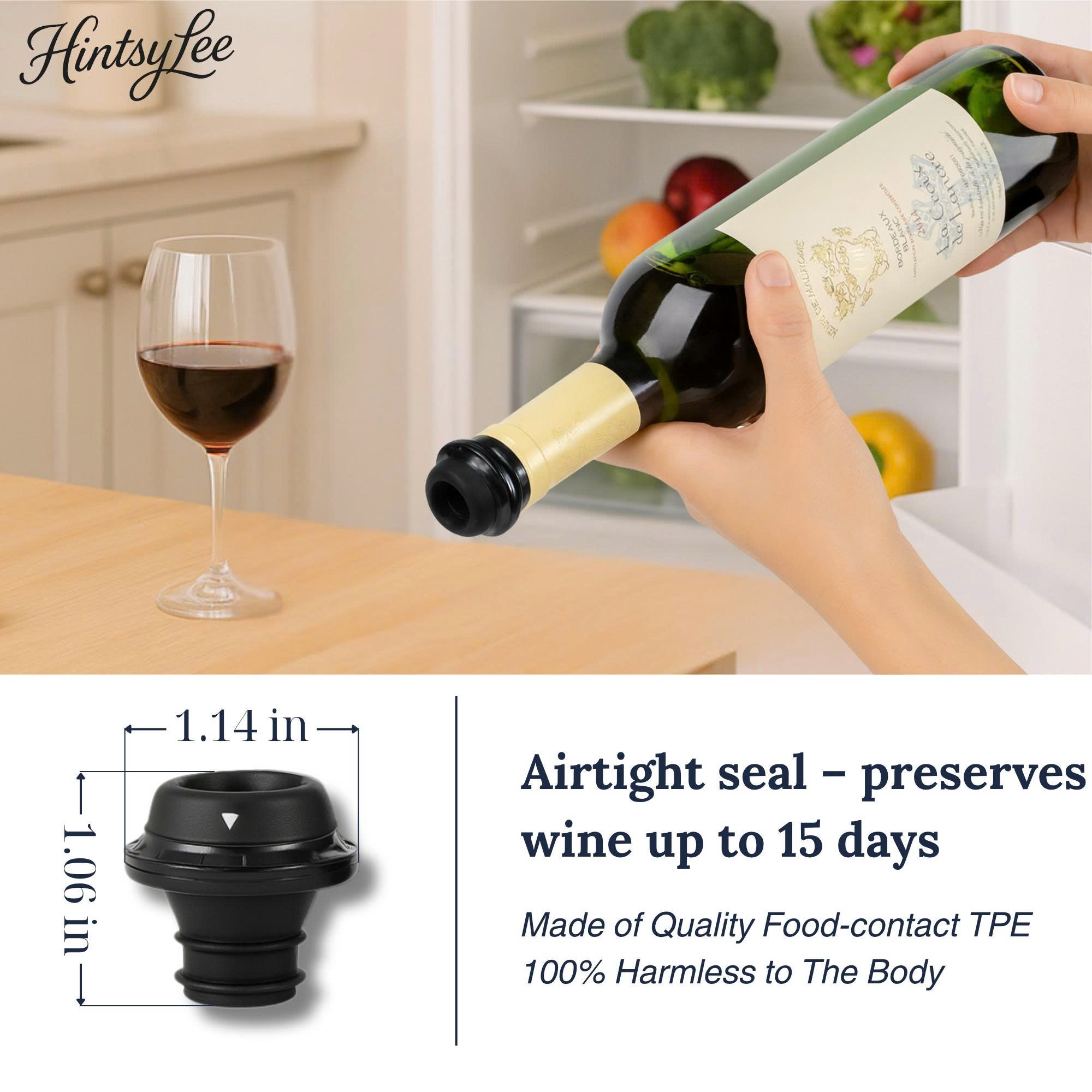 Wine Vacuum Pump & 4 Reusable Stoppers – Airtight Wine Preserver Set Keeps Wine Fresh Up to 15 Days – Manual Wine Saver Bottle Sealer Kit & Gift for Wine Lovers (Black)